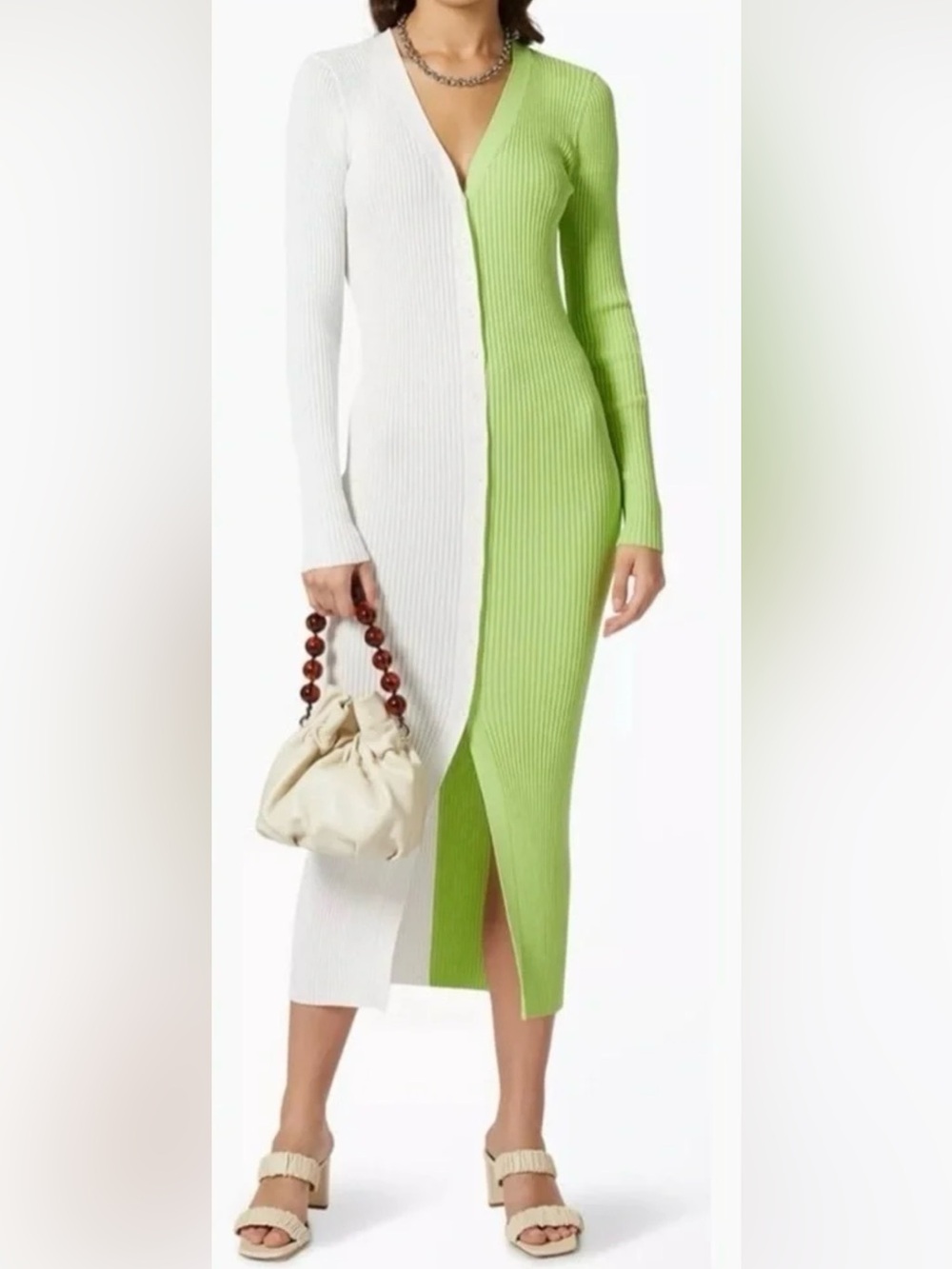 Shoko STAUD color block Two-Tone Green & White Ribbed sweater dress LARGE NWT